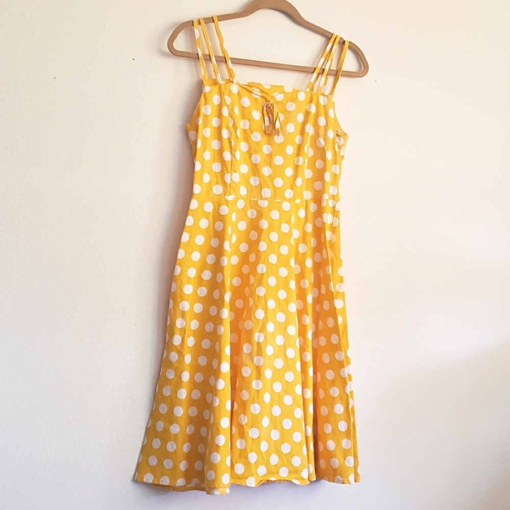 Womens Yellow polka-dot circle skirt dress